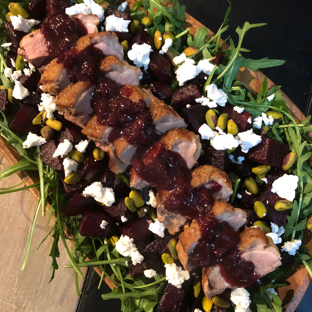 Crispy Skin Duck with Cherry & Wine Sauce